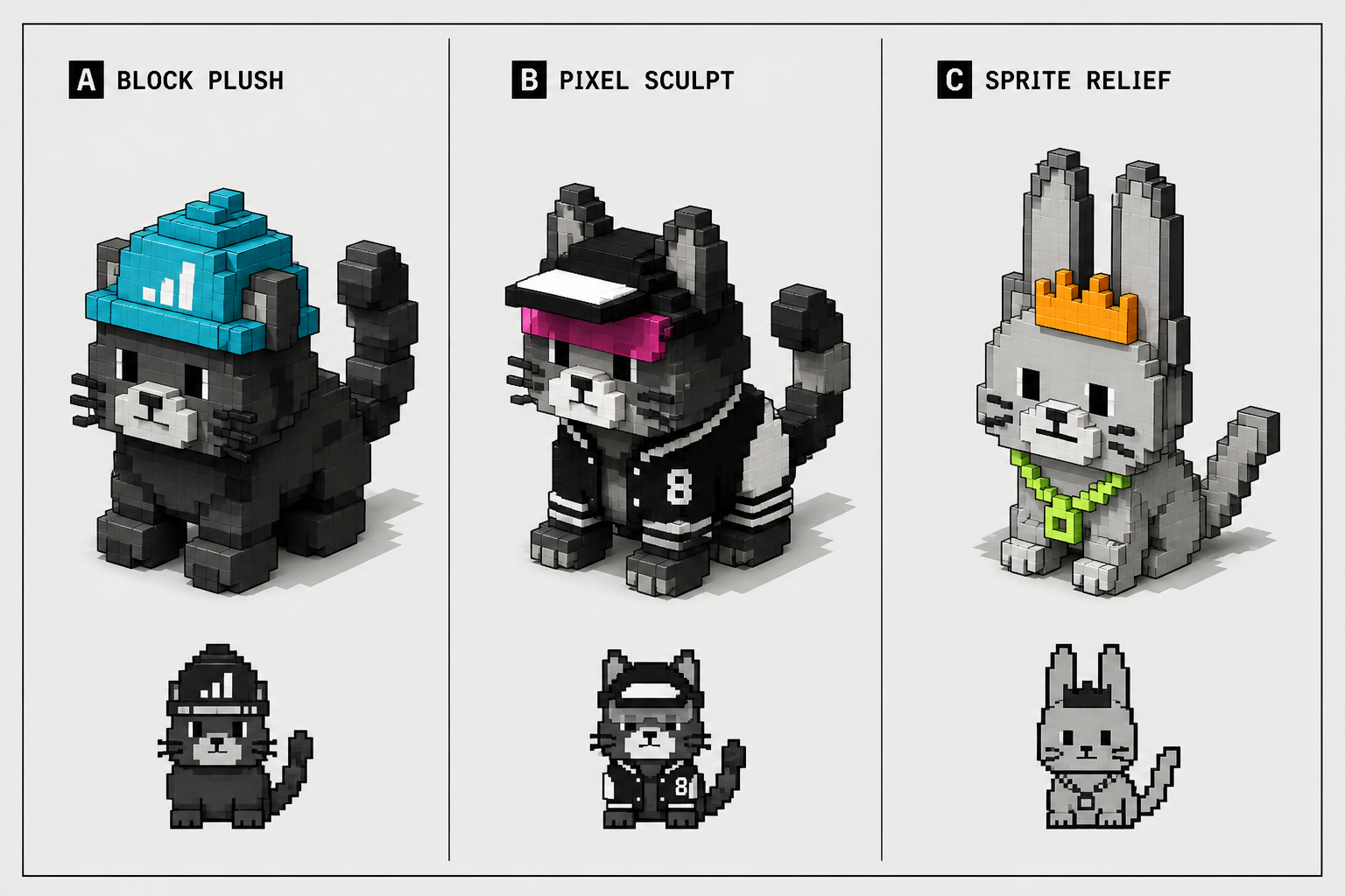 Three Cat Club pixel character directions: Block Plush, Pixel Sculpt, and Sprite Relief